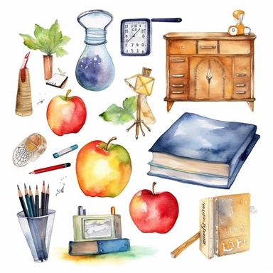 watercolor teacher appreciation related scenes, illustrations clipart set, simple, , cartoon elements ,different variants , school and classroom elements, , separate elements with a margin, ,4k, high resolution