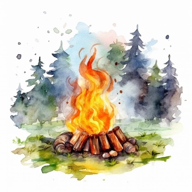 watercolor colorful clipart of a joyful summer campfire, hd, on white background