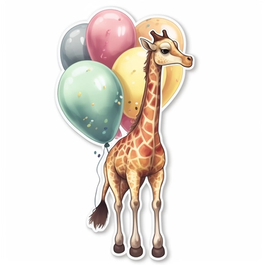 a detailed colorful vector Clipart sticker of a beautiful baby giraffe holding balloons with a white background, pastel light colors, fall colours, gold ropes, photorealistic,cinematic, Cinematic, Color Grading, Editorial Photography, Photography, Photoshoot, Shot on 70mm, Ultra-Wide Angle, Depth of Field, DOF, Tilt Blur, Shutter Speed 1/1000, F/22, Gamma, White Balance, Neon, Light, Dark, Light Mode, Dark Mode, High Contrast, 5D, Multiverse, 32k, Super-Resolution, Megapixel, ProPhoto RGB, VR, L