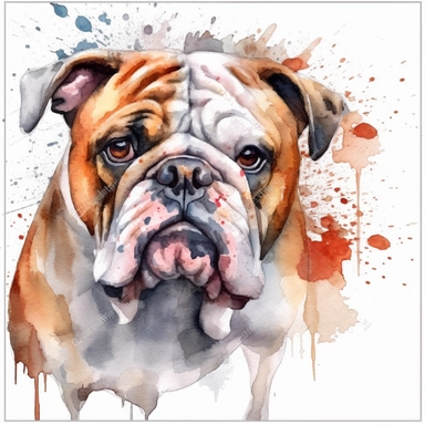 watercolor illustration of a cute English Bulldog dog, watercolor clipart, in the style of 32k uhd, realistic animal portrait, white background, png