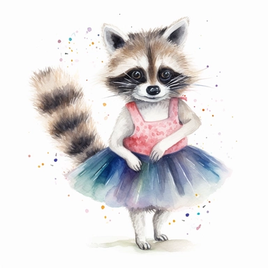 please create watercolor clipart of a raccoon smiling, wearing party GLASSES AND BALLET SKIRT, colorful, WHITE BACKGROUND