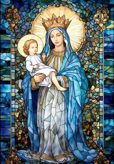 A sharp photograph of an expensive portrait, pay particular attention to the shape of your hands, less watercolor stained glass Madonna and child with matching crowns full body clipart, the Madonna is wearing a medium aquamarine blue mantle with bright white stars on it and the child is wearing a bright white robe, behind them is shimmering bright light, around many blue roses, highly detailed, white background, in the style of Catholic religious art, artist Andrea Lezcano, Vincent Van Gogh, in 