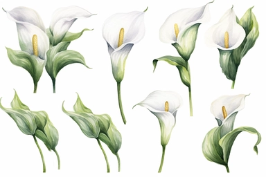 Watercolor clipart collection of matching and coordinating white calla lilies, isolated elements on a white background with a wide margin