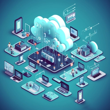 different modern IT devices connected to a cloud depicting cloud computing and visualization in modern clipart 2d illustration style