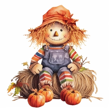 Halloween scarecrow, full color, knitted painting texture, Perfect for nursery art and children's book illustration style, simple, cute, full color, clipart, watercolor illustration, single object, high definition 8k,white background for removing background - - no text shadow font watermark