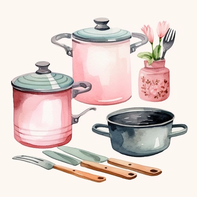 Cooking items art watercolor clipart, minimalist, soft pastel colors 8k, isolated transparent background, 4 times spaced out