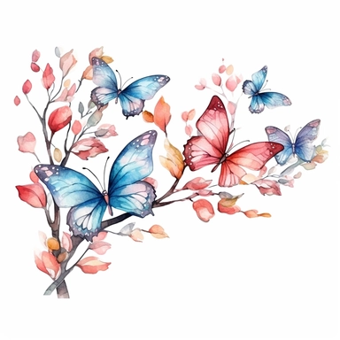 watercolor butterflies ion intertwined branches, clipart, white background, page border style--q2--v5.1--s1000
