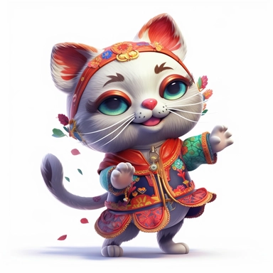 Funny dancing cat clipart on a white background, chibi and real style, masterpiece, realistic photography, colorful background, detailed, intricate details, rich colors, realistic style
