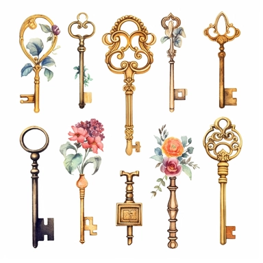 assorted gold keys inspired by Alice in wonderland watercolor illustration, design elements isolated on white background, vintage clip art - Image #4 <@1098423716465102849>