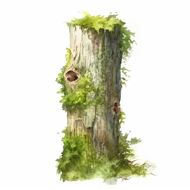 realistic bark sculpture cover in moss clipart watercolor