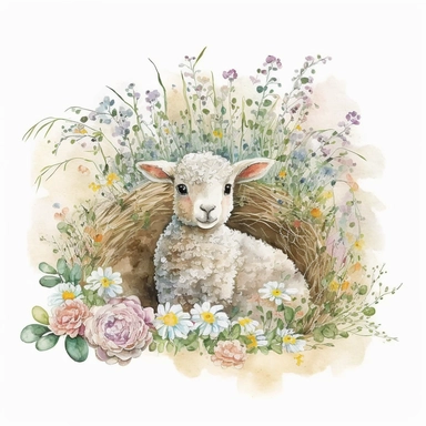 an adorable watercolour easter baby lamb with big eyes surrounded by flowers and easter eggs clipart, in a cozy and rustic barn. The lamb is sitting on a bed of hay, with baskets of colorful easter eggs and bouquets of wildflowers nearby. The atmosphere is warm and inviting, with a touch of nostalgia. Artwork, painted with watercolors and ink