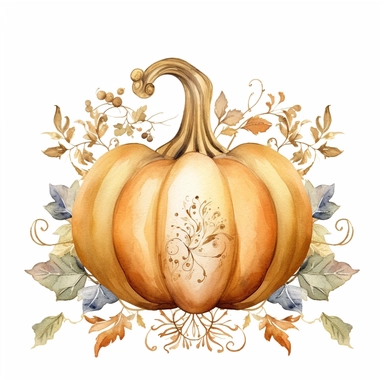 Watercolor pastel boho fat pumpkin with gold ornate watercolor sitting on pumpkin leaves white background. clipart