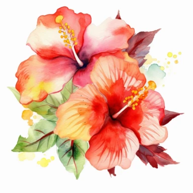 Watercolor Tropical Hibiscus Clipart by Thomas W. Schallerof: A vibrant and exotic design featuring tropical hibiscus flowers in shades of pink, orange, and red on a white background. The flowers are different-size and bold, while the leaves are thick and tropical, creating a lively and festive composition