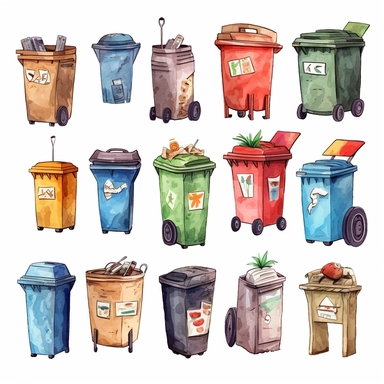 watercolor, Waste collection, segregation and recycling infographic: garbage separated into different types and collected into waste containers, each bin holds a different material png Full body realistic cartoon in 32K UHD cute. 15 cm thick outline. Black color. There was no shadow on the ground. 8k with realistic watercolors and detailed illustrations. PNG clipart, transparent white background