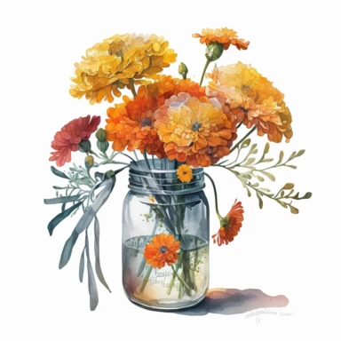 [7062661961] Watercolor clipart. A vibrant watercolor painting of a marigold bouquet in a glass jar, with the flowers radiating warmth and color.. White background. No text. No caption. No logo