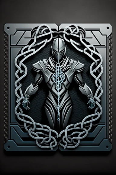 grungy metallic Flat coloured card design of a symmetric thick silver chain link icon cardback , cartoony clipart card design, Logo, glowing Gundam visor magic spell icon, little-flat Graphic Design , grey metal grid background