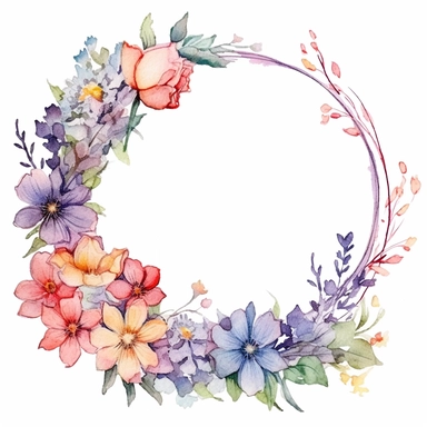 watercolor clipart of a empty suttle dainty floral circle frame surrounded by spring flowers. Capture the essence of blooming beauty and intricate details in your artwork, white background