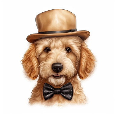 cute golden doodle wearing bowler hat, bow tie, realistic, vector, illustration, clip art, white background