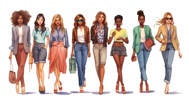 A collection of vibrant and diverse semi-casual fashion girls and lady bosses, depicted in high-quality watercolor illustrations and clipart, showcasing their confidence, style, and panache. The full-body images capture their mixed body shapes, accessorized with matching footwear, experimental hairstyles, and a variety of accessories such as hats, glasses, shades, and handbags. Each image features different poses, makeup styles, and expressions, highlighting their individuality. Against a white 