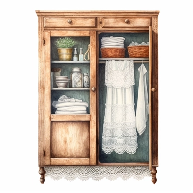 watercolor, hyper realistic, white background, white margins, 16k, ultra detailed clipart, cut out image, hand-drawn vintage wooden cupboard with a natural finish, adorned with vintage linens and lace doilies