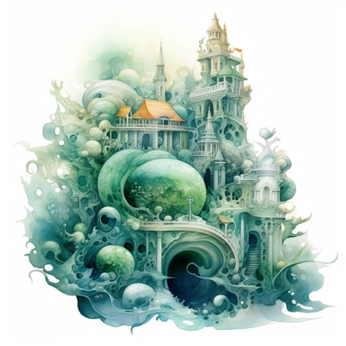 watercolor ocean arquitecture, atlantis arquitecture, in the style of anna dittmann, green and aquamarine, zhang jingna, detailed painting, detailed illustrations, fluid, watery, semi submerged, transparent/translucent medium, isoleted on white background, seashells, clipart , symbolic elements, tinycore, stone, fantasy-based, isoleted on white background, clipart