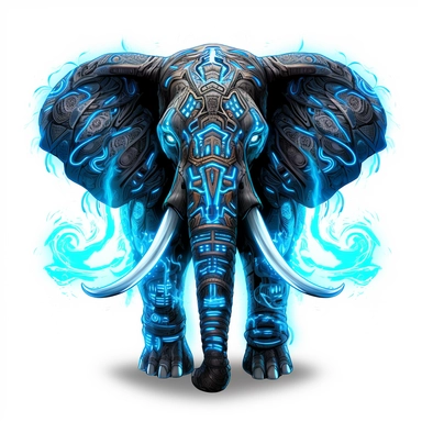 a glowing tribal elephant with blue lights on his eyes, tribal animals, in the style of bold black outlines, manhwa character design, master of shadows, burned/charred, himalayan art, dark black and light azure, 2d game art, quadratura, clipart, on white blackground