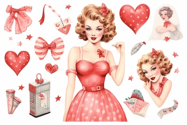 1950s Pin up girl valentines day watercolor clipart
