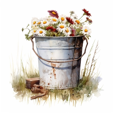 Bucket of Wildflowers Clipart, rusty, old in grass, white background