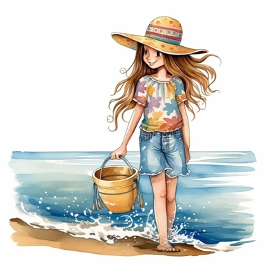 Watercolor clipart, of a cute and happy girl on the beach and the sea, in the scene the girl carries only a bucket with water held by the handle, she walks inside the water, the girl's clothes are very colorful, the boho style scene cartoon, detailed design, perfect shape, white background,