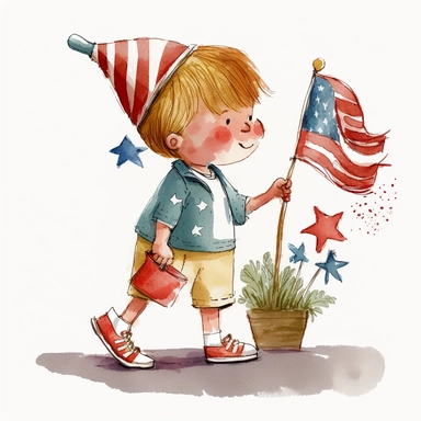 side boy kid with 4th of July theme,Watercolor style, Clipart,on white background