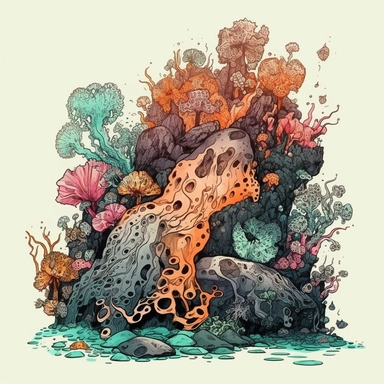 coral illustration of a double le exposure rock octopus & colourful coral reef drawn with stones, clipart