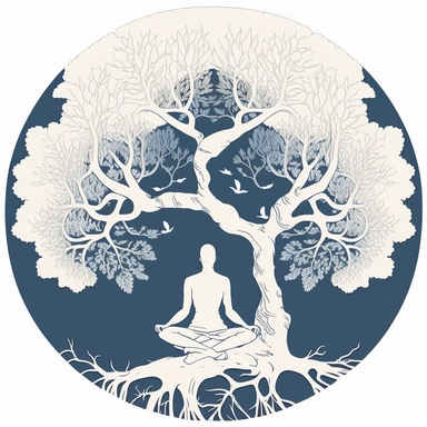 all white Yoga Tree circle, clipart figure of person sitting crossed legs meditating all white, vector, 300 DPI