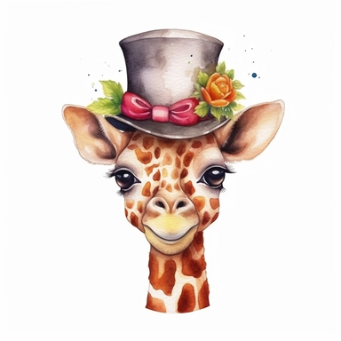 a captivating watercolor clipart image with a white background and white margins, featuring a cute sweet kawaii extremely happy smiling baby giraffe in a hat and a tie. The ultra-detailed, hand-drawn elements capture the details. Use vibrant shades of various colors to create a visually appealing image