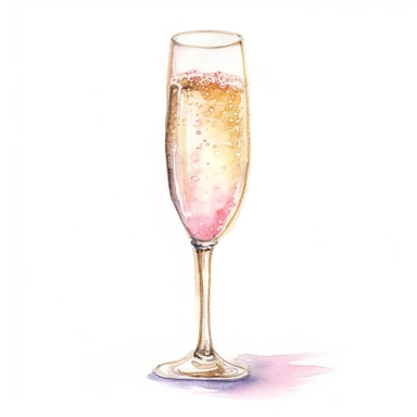 watercolor very detailed tall champagne flute filled with blushing bride champagne cocktail wedding drink clipart, on a white background