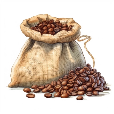 A rustic burlap sack filled to the brim with robust coffee beans clipart, white background, watercolor drawing
