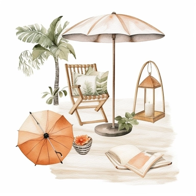 watercolor clipart sheet, white background, perfectly spaced, empty space around, house plant, lantern, composition of a parasole and a sun chair on a circle carpet, books, basket