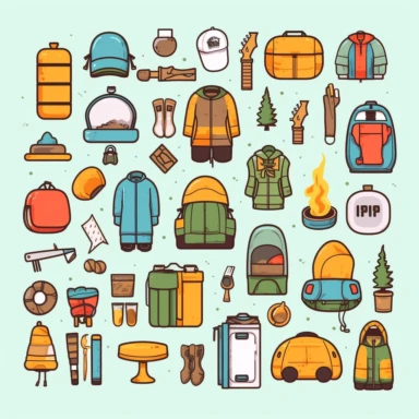 summer Camping clothing, simple color palette, a selection of camping equipment laid out, graphic style, Vector Line Art, l minimalistic logo, minimal, korean illustration style clipart art supply theme cute on white background
