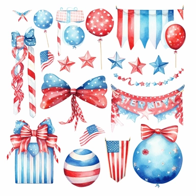 watercolor 4th of july patriotic decorations, illustrations clipart set, simple, , cartoon elements , bunting, ribbon elements, door wreaths, different variants , separate elements with a margin