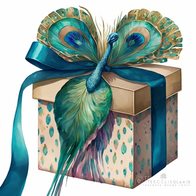 clipart watercolor flat box in peacock pattern with huge long bow on top