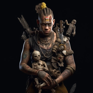 a man wearing tribal clothing and doll head necklace post apocalyptic, unreal game engine style, different poses, detail, clipart, black background, one of a kind--ar 16:9
