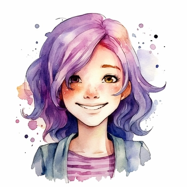 watercolour clipart of a girl with purple hair , she is the catalyst for her group shared common dreams, binding the girls together. She is direct, occasionally sharp-tongued, and highly empathetic. With a heart full of compassion, she never hesitates to lend a helping hand to anyone in need. She`s dedication to their craft is unparalleled, make her smiling, exalted mood, white background, 8k, f1