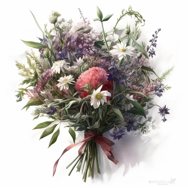 a simple gorgeous hand-tied bouquet of wildflowers and flowers with greenery tied together using ribbon, on white background clipart, deep purple, emerald green, and ruby red color theme, watercolor painting realistic, high quality, vibrant, Vicente Romero Redondo, Willem van Aelst, Elsa Beskow