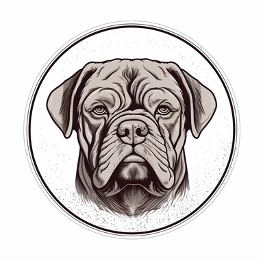 logo, ink drawing Dogue de Bordeaux , head, facing front, cute, circle frame, cartoon clipart, vector, bold line, white isolated background, high definition