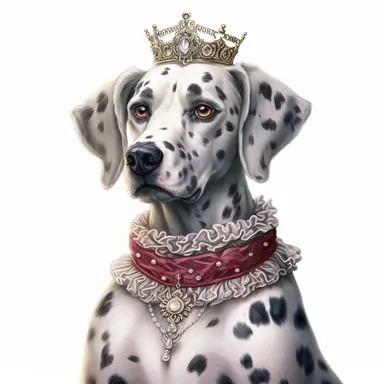 Stunning Dalmatian adorned in a ruffled Victorian collar and a decorative ribbon, exuding charm and sophistication against the pristine white backdrop. Its distinct spots and dignified posture make it a true Victorian beauty. Clipart, watercolor, white background, intricate detail, unreal engine cinematic smooth. Realistic rendering