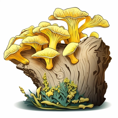 clump of light yellow oyster mushrooms growing out of the side of a log clipart