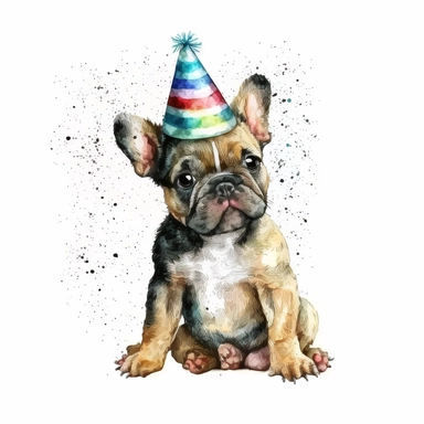 Cute funny puppy in birthday hat watercolor clipart on white background full body