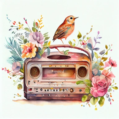 Vintage old radio ( a little floral, bird on radio) watercolor clipart