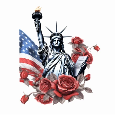 Isolated clipart, red roses, empire state, USA flag, american bald eagle, realistic statue of liberty.