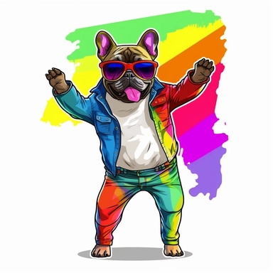 funny sticker, white background, french bulldog, funny dancing, funny rainbow clothing, in style lgbtq, full body, clipart