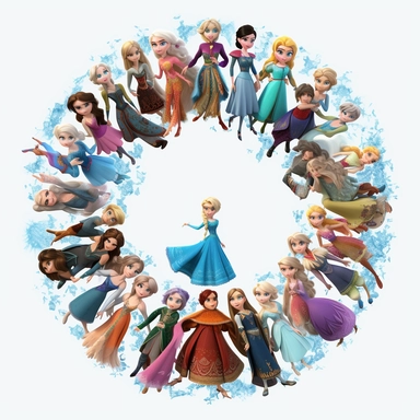 elsas world frozen animation style show only characthers, hyper realistic characthers, disney pixar style, top view, circle format, clipart white background